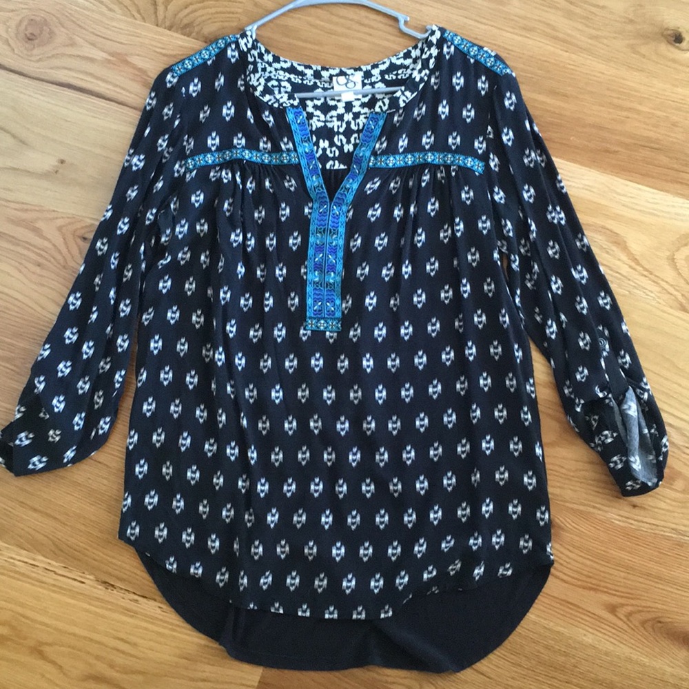 Anthropologie One September Black and Blue Patterned Top Sz L